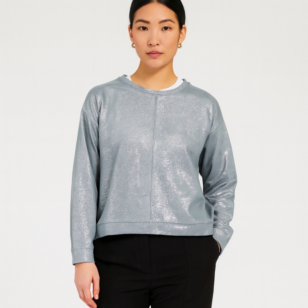 Peace Love World Metallic Boxy Sweatshirt Mint Green Silver 1X